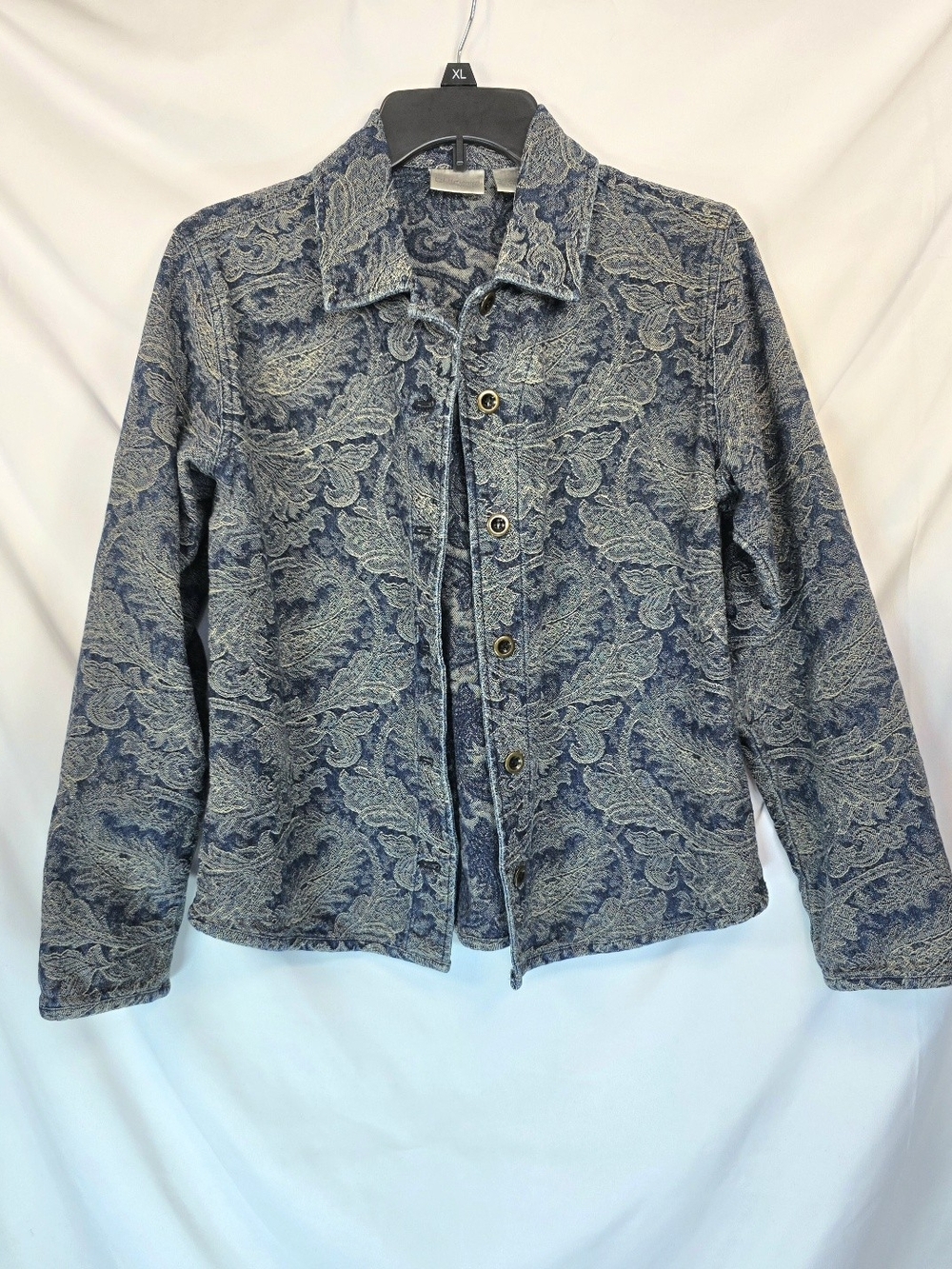 Chico's Tapestry Jacket Size 1(M) Blue Cream Paisley Jacquard Brocade Button Up